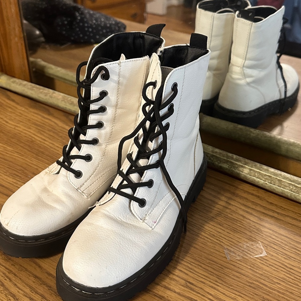 White Lace-Up Combat Boots